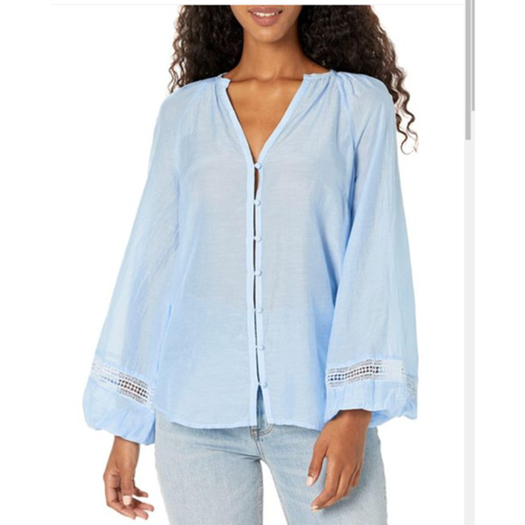 Guess Women's  Ryan Long-Sleeve Voile Top Small Light Blue Sheer - Picture 1 of 3